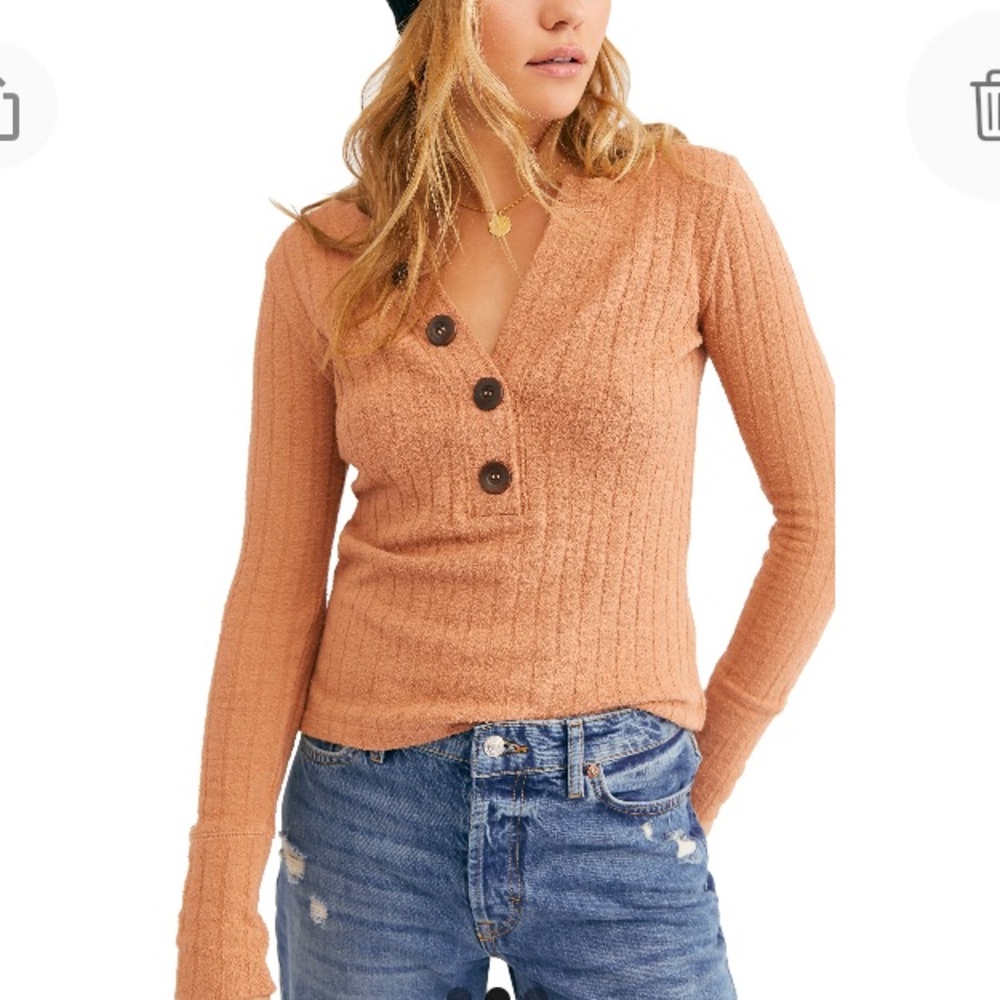 Free People Ribbed V-Neck Sweater in Clay